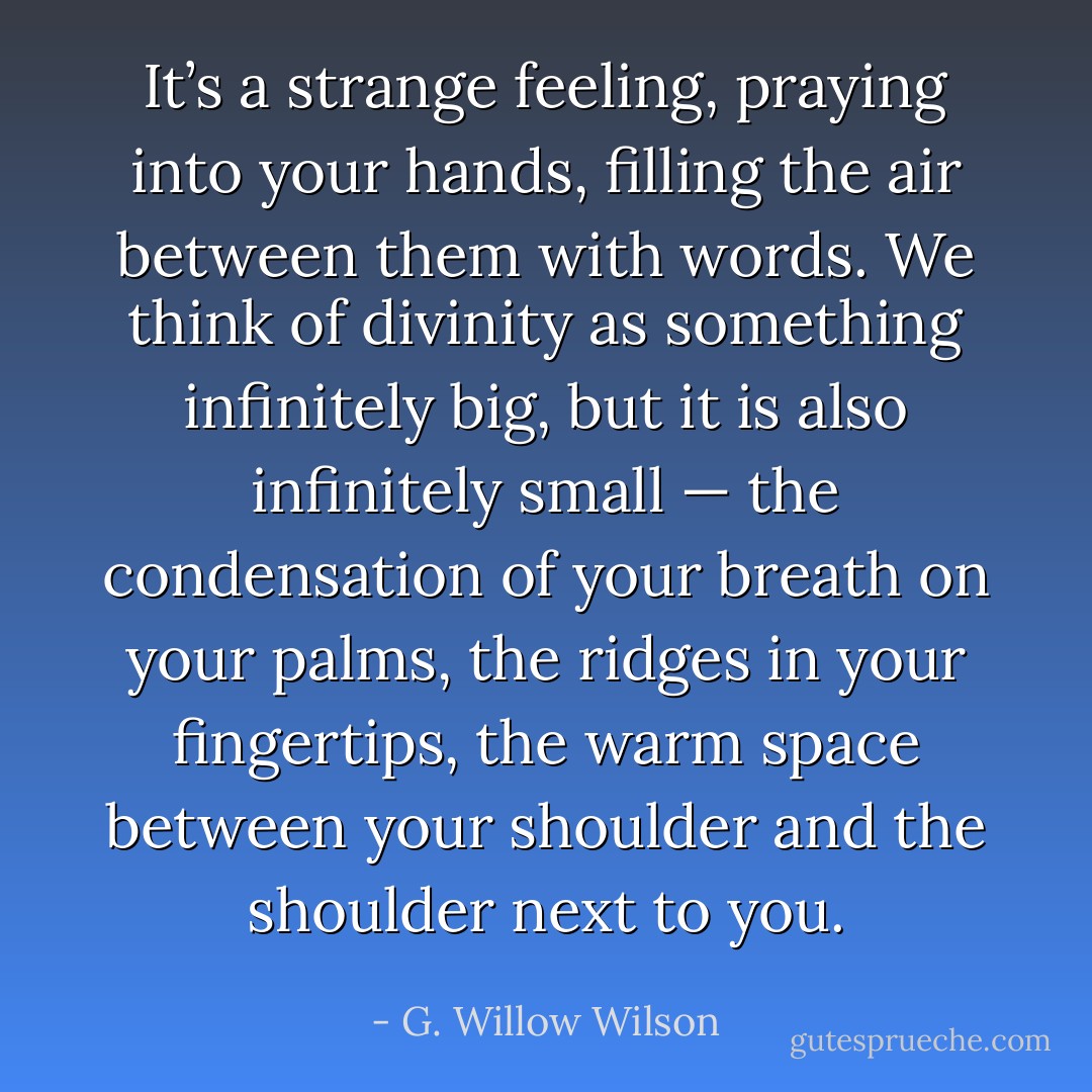 It’s a strange feeling, praying into your hands, filling the air between them with words. We think of divinity as something infinitely big, but it is also infinitely small — the condensation of your breath on your palms, the ridges in your fingertips, the warm space between your shoulder and the shoulder next to you. - G. Willow Wilson