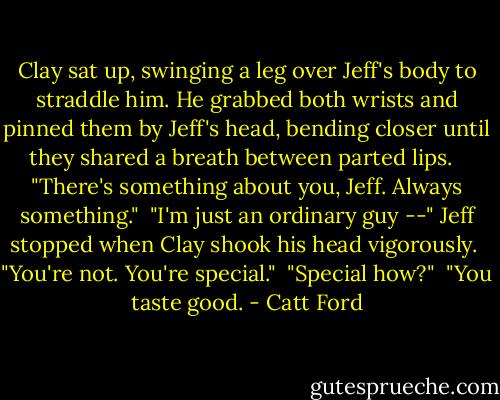 Clay sat up, swinging a leg over Jeff's body to straddle him. He grabbed both wrists and pinned them by Jeff's head, bending closer until they shared a breath between parted lips. <br /><br />"There's something about you, Jeff. Always something."<br /><br />"I'm just an ordinary guy --" Jeff stopped when Clay shook his head vigorously.<br /><br />"You're not. You're special."<br /><br />"Special how?"<br /><br />"You taste good. - Catt Ford