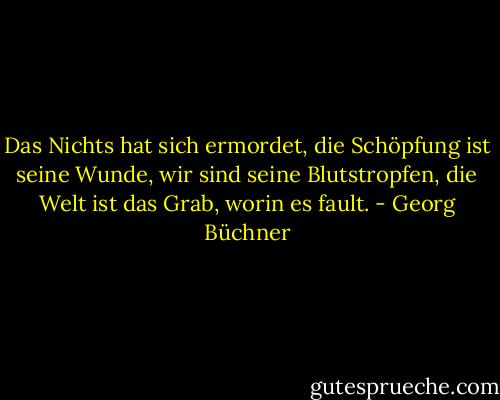 Das Nichts hat sich ermordet, die Schöpfung ist seine Wunde, wir sind seine Blutstropfen, die Welt ist das Grab, worin es fault. - Georg Büchner