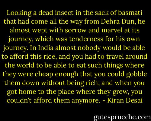 Looking a dead insect in the sack of basmati that had come all the way from Dehra Dun, he almost wept with sorrow and marvel at its journey, which was tenderness for his own journey. In India almost nobody would be able to afford this rice, and you had to travel around the world to be able to eat such things where they were cheap enough that you could gobble them down without being rich; and when you got home to the place where they grew, you couldn't afford them anymore. - Kiran Desai