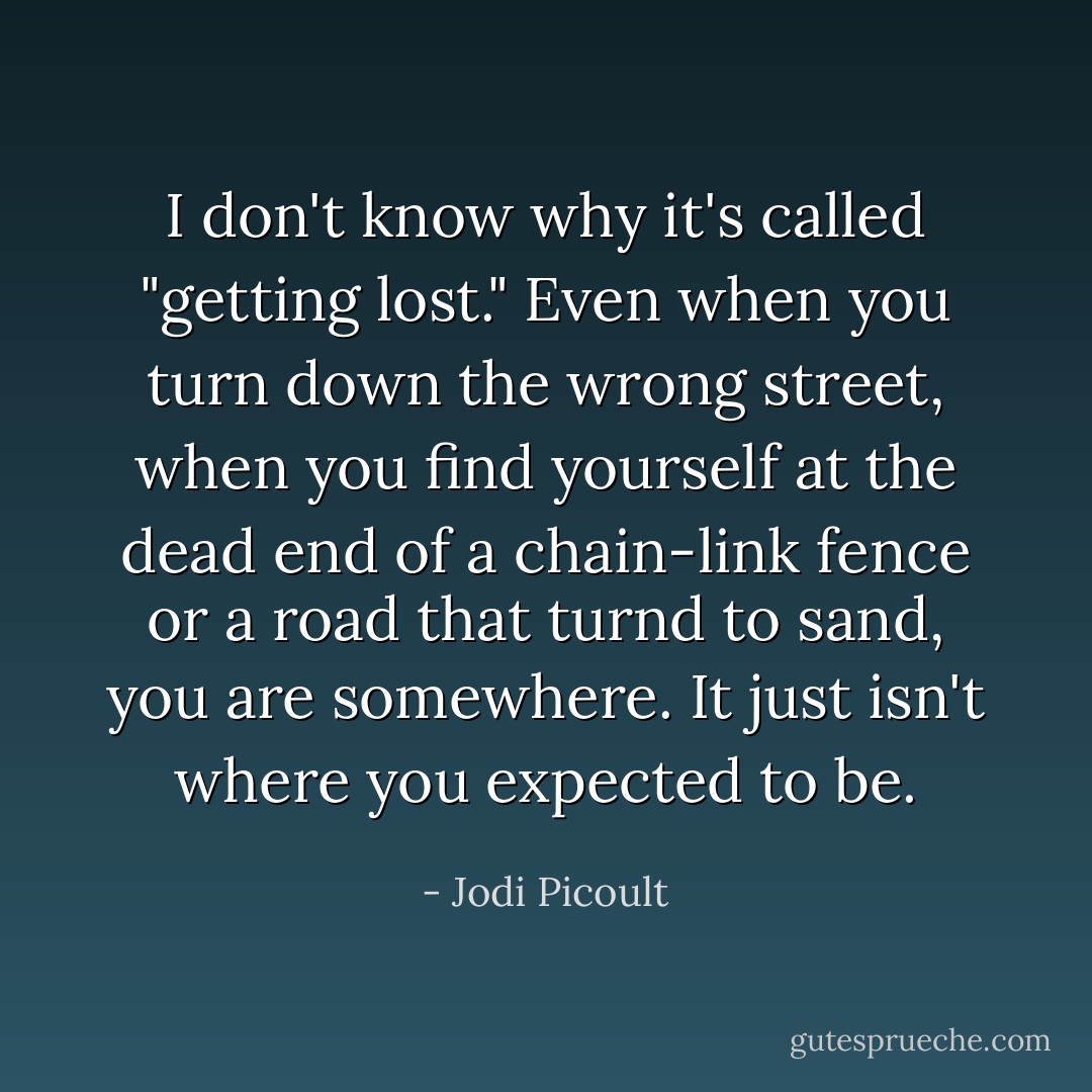 I don't know why it's called "getting lost." Even when you turn down the wrong street, when you find yourself at the dead end of a chain-link fence or a road that turnd to sand, you are somewhere. It just isn't where you expected to be. - Jodi Picoult