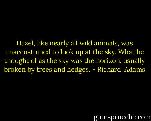 Hazel, like nearly all wild animals, was unaccustomed to look up at the sky. What he thought of as the sky was the horizon, usually broken by trees and hedges. - Richard  Adams