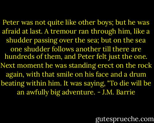 Peter was not quite like other boys; but he was afraid at last. A tremour ran through him, like a shudder passing over the sea; but on the sea one shudder follows another till there are hundreds of them, and Peter felt just the one. Next moment he was standing erect on the rock again, with that smile on his face and a drum beating within him. It was saying, "To die will be an awfully big adventure. - J.M. Barrie