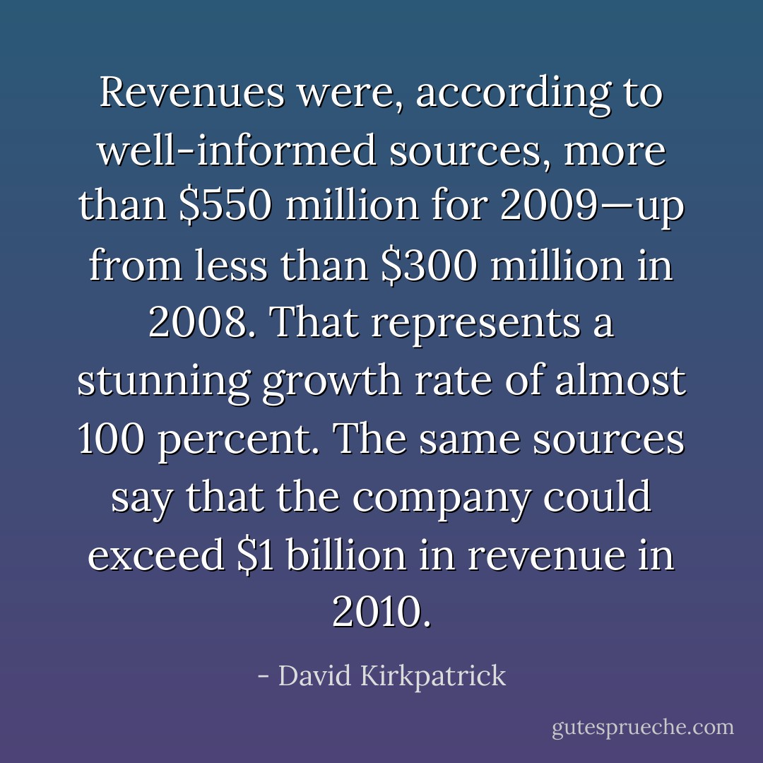 Revenues were, according to well-informed sources, more than $550 million for 2009—up from less than $300 million in 2008. That represents a stunning growth rate of almost 100 percent. The same sources say that the company could exceed $1 billion in revenue in 2010. - David Kirkpatrick