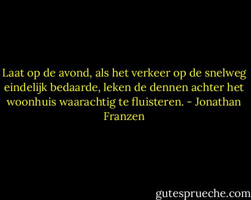Laat op de avond, als het verkeer op de snelweg eindelijk bedaarde, leken de dennen achter het woonhuis waarachtig te fluisteren. - Jonathan Franzen