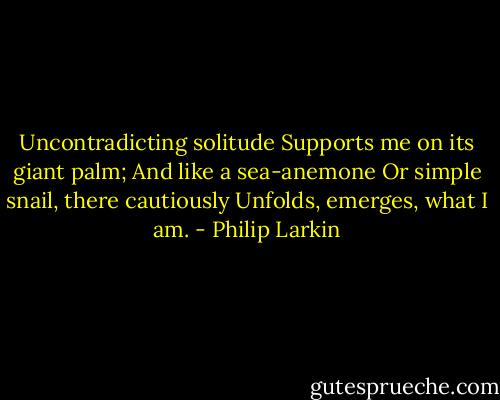 Uncontradicting solitude<br />Supports me on its giant palm;<br />And like a sea-anemone<br />Or simple snail, there cautiously<br />Unfolds, emerges, what I am. - Philip Larkin