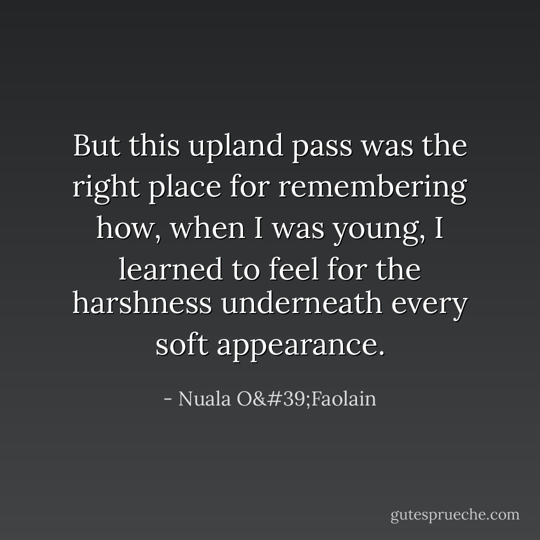 But this upland pass was the right place for remembering how, when I was young, I learned to feel for the harshness underneath every soft appearance. - Nuala O'Faolain