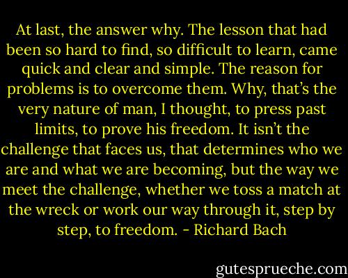 At last, the answer why. The lesson that had been so hard to find, so difficult to learn, came quick and clear and simple. The reason for problems is to overcome them. Why, that’s the very nature of man, I thought, to press past limits, to prove his freedom. It isn’t the challenge that faces us, that determines who we are and what we are becoming, but the way we meet the challenge, whether we toss a match at the wreck or work our way through it, step by step, to freedom. - Richard Bach