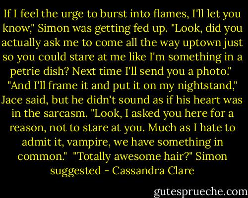 If I feel the urge to burst into flames, I'll let you know," Simon was getting fed up. "Look, did you actually ask me to come all the way uptown just so you could stare at me like I'm something in a petrie dish? Next time I'll send you a photo."<br /><br />"And I'll frame it and put it on my nightstand," Jace said, but he didn't sound as if his heart was in the sarcasm. "Look, I asked you here for a reason, not to stare at you. Much as I hate to admit it, vampire, we have something in common."<br /><br />"Totally awesome hair?" Simon suggested - Cassandra Clare
