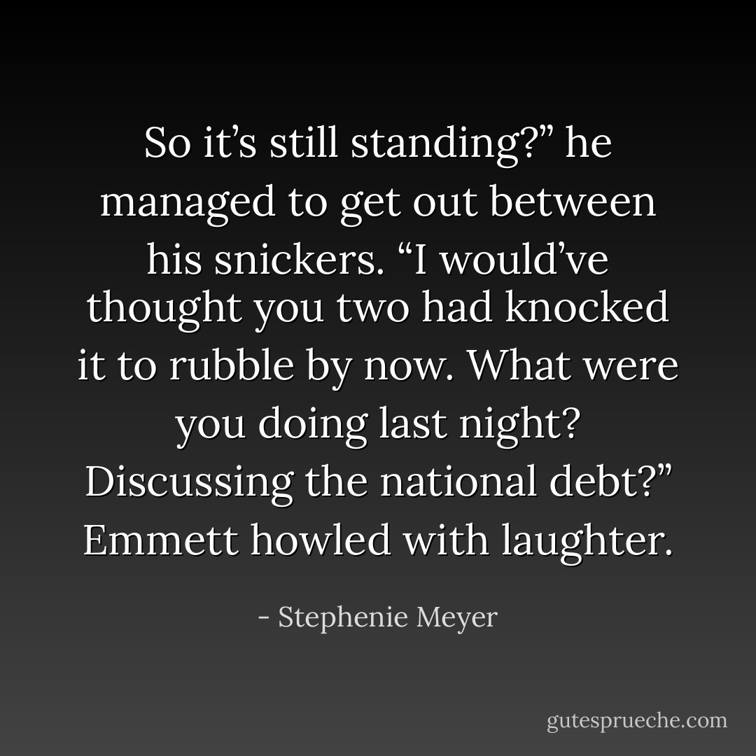 So it’s still standing?” he managed to get out between his snickers. “I would’ve thought you two had knocked it to rubble by now. What were you doing last night? Discussing the national debt?” Emmett howled with laughter. - Stephenie Meyer