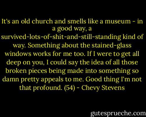 It's an old church and smells like a museum - in a good way, a survived-lots-of-shit-and-still-standing kind of way. Something about the stained-glass windows works for me too. If I were to get all deep on you, I could say the idea of all those broken pieces being made into something so damn pretty appeals to me. Good thing I'm not that profound. (54) - Chevy Stevens