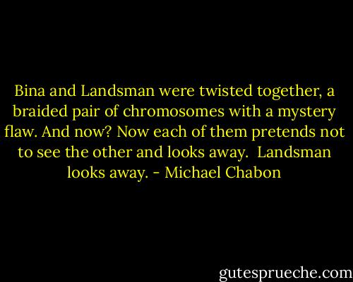 Bina and Landsman were twisted together, a braided pair of chromosomes with a mystery flaw. And now? Now each of them pretends not to see the other and looks away.<br /><br />Landsman looks away. - Michael Chabon