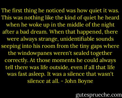 The first thing he noticed was how quiet it was. This was nothing like the kind of quiet he heard when he woke up in the middle of the night after a bad dream. When that happened, there were always strange, unidentifiable sounds seeping into his room from the tiny gaps where the windowpanes weren't sealed together correctly. At those moments he could always tell there was life outside, even if all that life was fast asleep. It was a silence that wasn't silence at all. - John Boyne