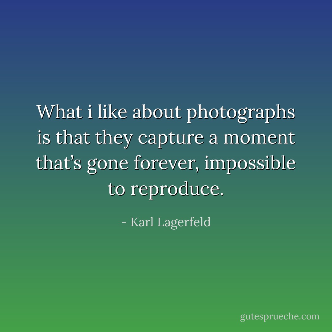 What i like about photographs is that they capture a moment that’s gone forever, impossible to reproduce. - Karl Lagerfeld