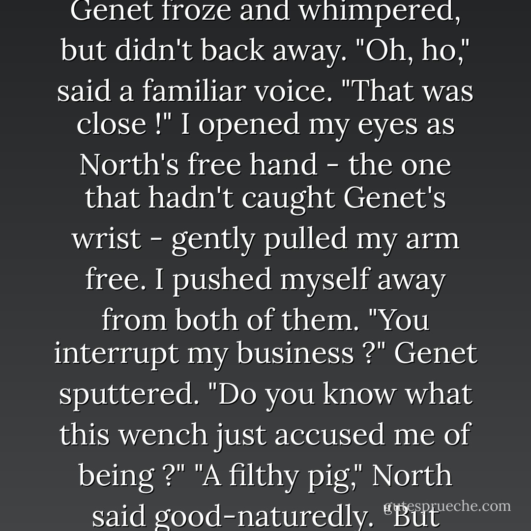 Genet raised his hand, and I squeezed my eyes shut, sure I would be receiving the worst backhanded slap of my life.<br />Genet froze and whimpered, but didn't back away.<br />"Oh, ho," said a familiar voice. "That was close !" I opened my eyes as North's free hand - the one that hadn't caught Genet's wrist - gently pulled my arm free. I pushed myself away from both of them.<br />"You interrupt my business ?" Genet sputtered. "Do you know what this wench just accused me of being ?"<br />"A filthy pig," North said good-naturedly. "But there's only one filthy pig allowed in her life, and the position's been filled. - Alexandra Bracken