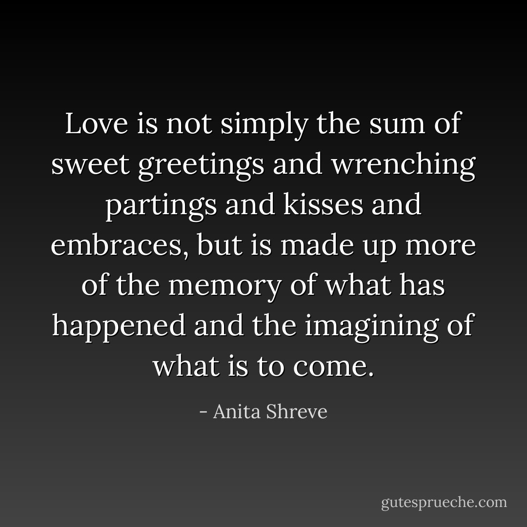 Love is not simply the sum of sweet greetings and wrenching partings and kisses and embraces, but is made up more of the memory of what has happened and the imagining of what is to come. - Anita Shreve