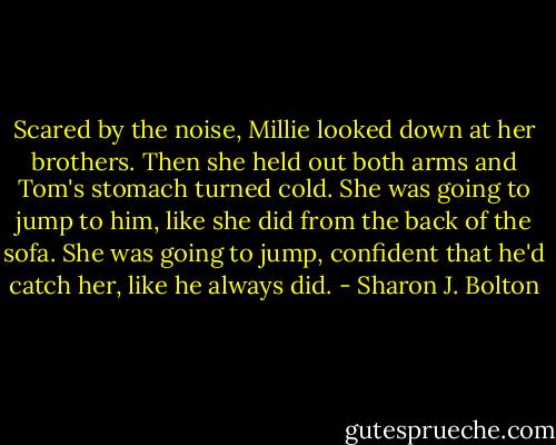 Scared by the noise, Millie looked down at her brothers. Then she held out both arms and Tom's stomach turned cold. She was going to jump to him, like she did from the back of the sofa. She was going to jump, confident that he'd catch her, like he always did. - Sharon J. Bolton