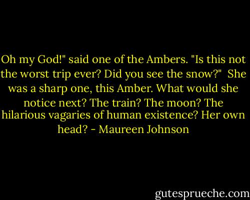 Oh my God!" said one of the Ambers. "Is this not the worst trip ever? Did you see the snow?"<br /> She was a sharp one, this Amber. What would she notice next? The train? The moon? The hilarious vagaries of human existence? Her own head? - Maureen Johnson