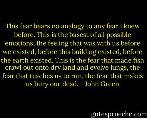 This fear bears no analogy to any fear I knew before. This is the basest of all possible emotions, the feeling that was with us before we existed, before this building existed, before the earth existed. This is the fear that made fish crawl out onto dry land and evolve lungs, the fear that teaches us to run, the fear that makes us bury our dead. - John Green