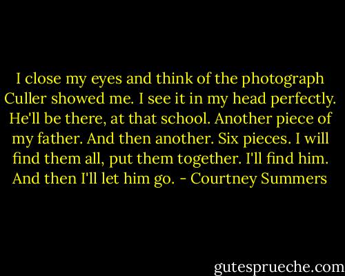 I close my eyes and think of the photograph Culler showed me. I see it in my head perfectly. He'll be there, at that school. Another piece of my father. And then another. Six pieces. I will find them all, put them together. I'll find him.<br />And then I'll let him go. - Courtney Summers