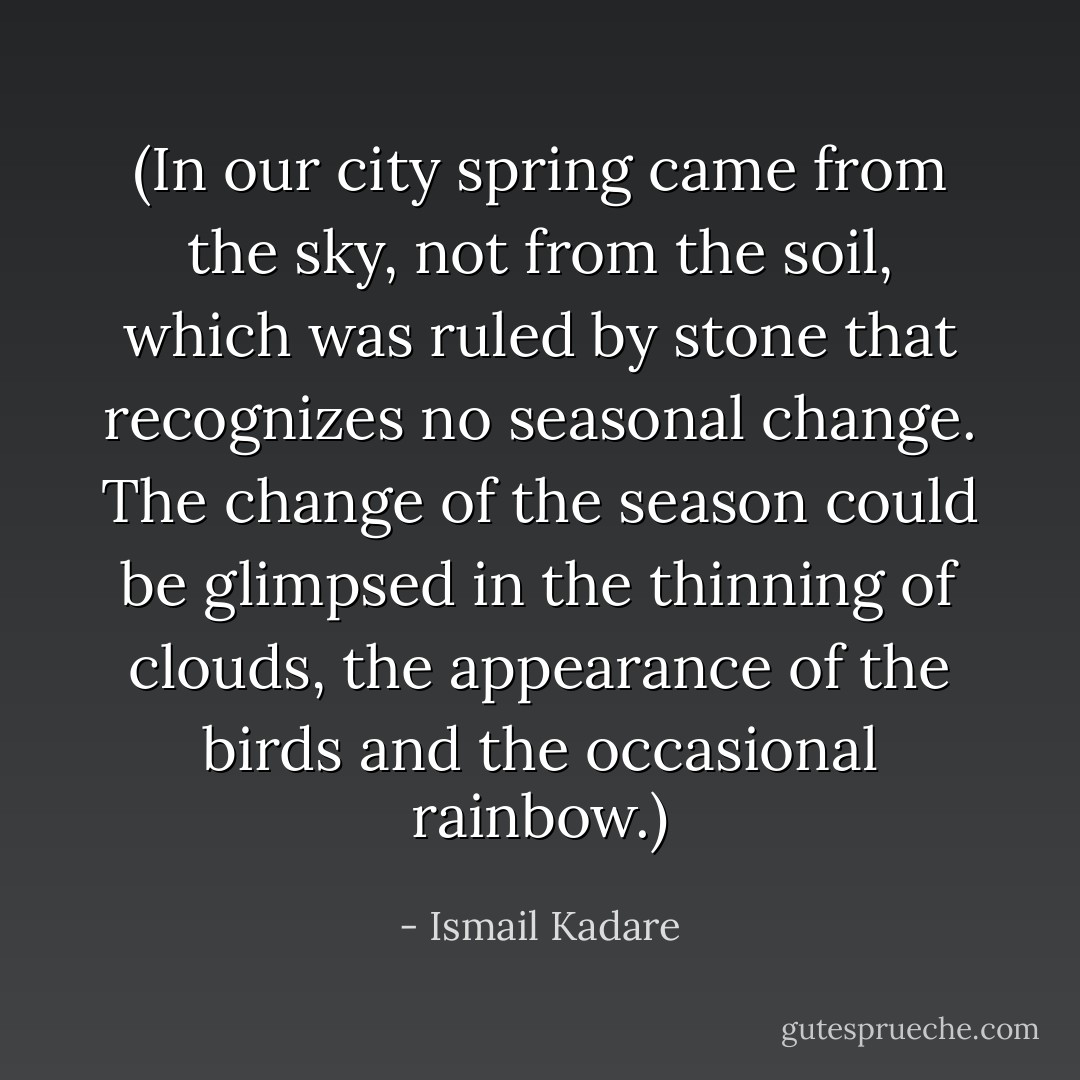 (In our city spring came from the sky, not from the soil, which was ruled by stone that recognizes no seasonal change. The change of the season could be glimpsed in the thinning of clouds, the appearance of the birds and the occasional rainbow.) - Ismail Kadare