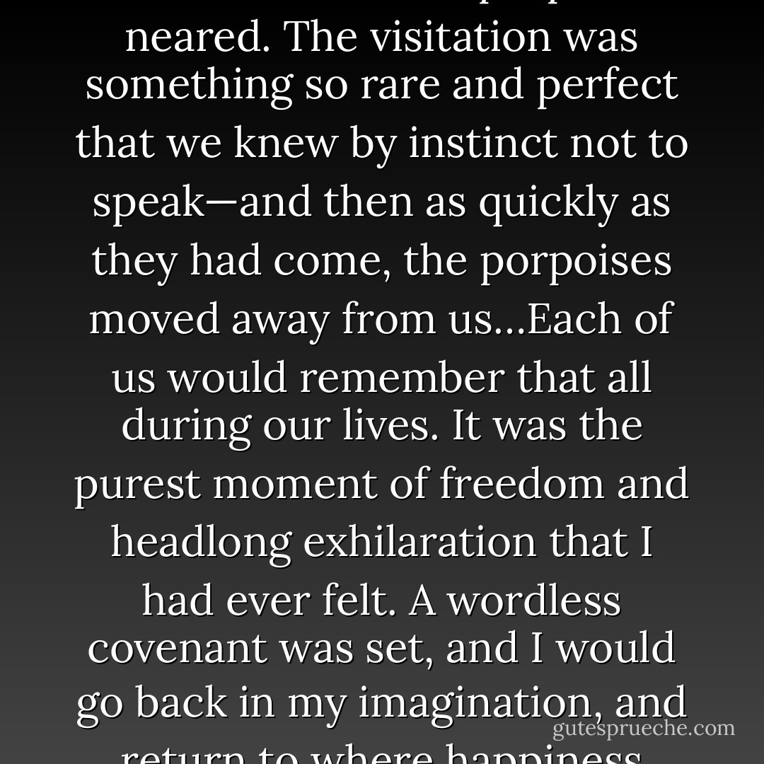 …Then another porpoise broke the water and rolled toward us. A third and fourth porpoise neared. The visitation was something so rare and perfect that we knew by instinct not to speak—and then as quickly as they had come, the porpoises moved away from us…Each of us would remember that all during our lives. It was the purest moment of freedom and headlong exhilaration that I had ever felt. A wordless covenant was set, and I would go back in my imagination, and return to where happiness seemed so easy to touch. - Pat Conroy