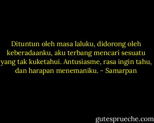 Dituntun oleh masa laluku, didorong oleh keberadaanku, aku terbang mencari sesuatu yang tak kuketahui. Antusiasme, rasa ingin tahu, dan harapan menemaniku. - Samarpan