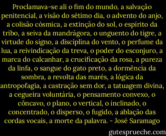Proclamava-se ali o fim do mundo, a salvação penitencial, a visão do sétimo dia, o advento do anjo, a colisão cósmica, a extinção do sol, o espírito da tribo, a seiva da mandrágora, o unguento do tigre, a virtude do signo, a disciplina do vento, o perfume da lua, a reivindicação da treva, o poder do esconjuro, a marca do calcanhar, a crucificação da rosa, a pureza da linfa, o sangue do gato preto, a dormência da sombra, a revolta das marés, a lógica da antropofagia, a castração sem dor, a tatuagem divina, a cegueira voluntária, o pensamento convexo, o côncavo, o plano, o vertical, o inclinado, o concentrado, o disperso, o fugido, a ablação das cordas vocais, a morte da palavra. - José Saramago