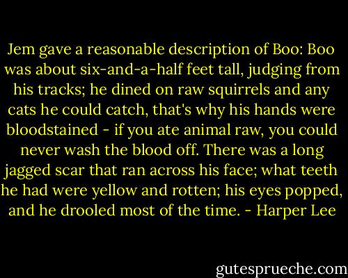 Jem gave a reasonable description of Boo: Boo was about six-and-a-half feet tall, judging from his tracks; he dined on raw squirrels and any cats he could catch, that's why his hands were bloodstained - if you ate animal raw, you could never wash the blood off. There was a long jagged scar that ran across his face; what teeth he had were yellow and rotten; his eyes popped, and he drooled most of the time. - Harper Lee