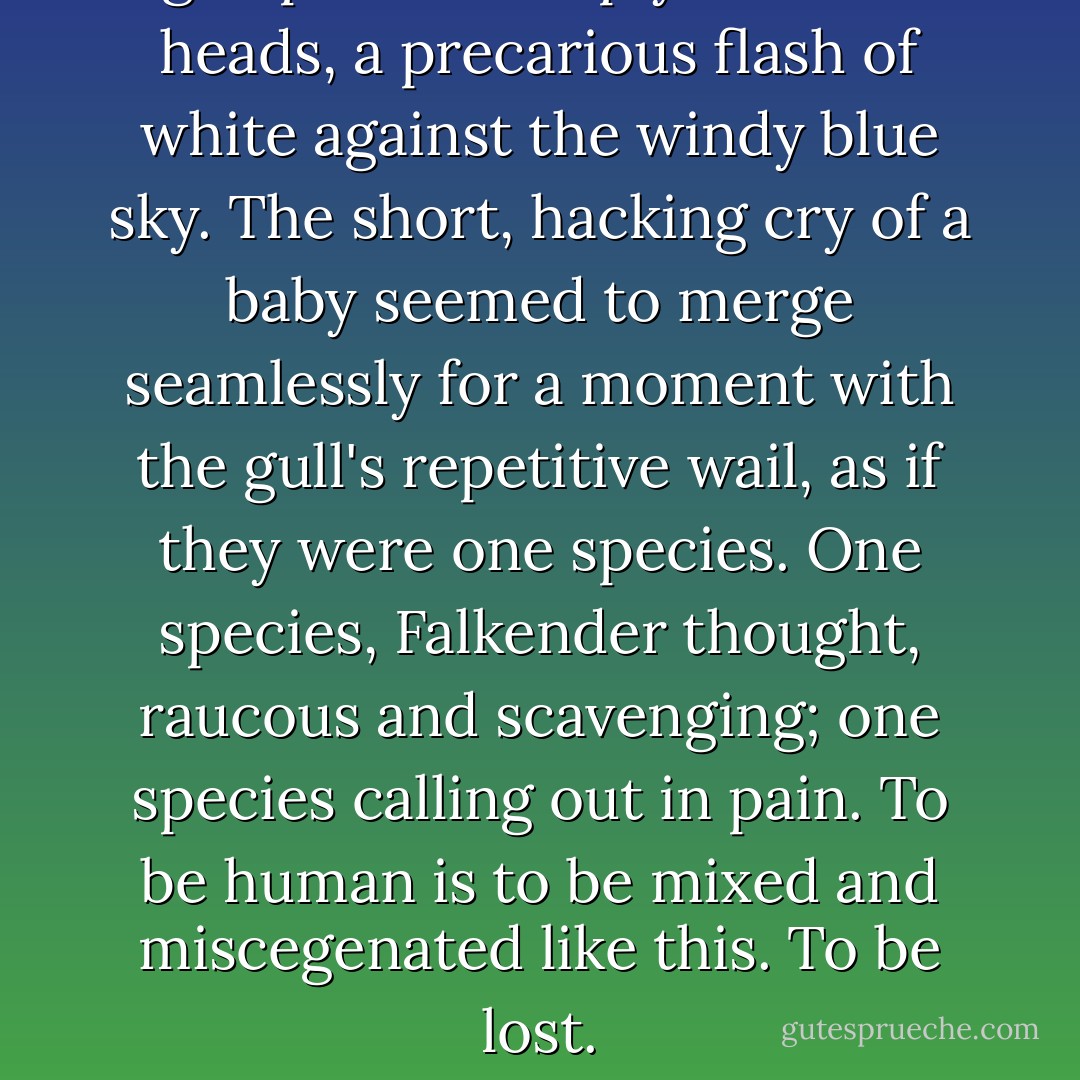 A gull planed steeply over their heads, a precarious flash of white against the windy blue sky. The short, hacking cry of a baby seemed to merge seamlessly for a moment with the gull's repetitive wail, as if they were one species. One species, Falkender thought, raucous and scavenging; one species calling out in pain. To be human is to be mixed and miscegenated like this. To be lost. - M. John Harrison