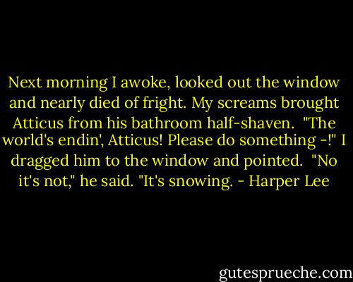 Next morning I awoke, looked out the window and nearly died of fright. My screams brought Atticus from his bathroom half-shaven.<br /> "The world's endin', Atticus! Please do something -!" I dragged him to the window and pointed.<br /> "No it's not," he said. "It's snowing. - Harper Lee