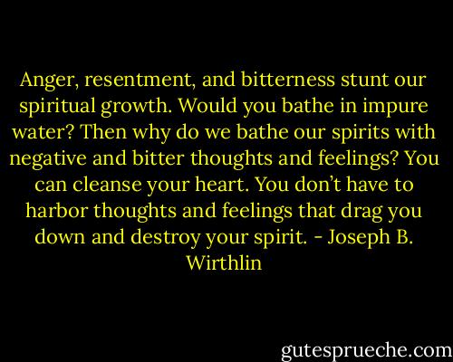 Anger, resentment, and bitterness stunt our spiritual growth. Would you bathe in impure water? Then why do we bathe our spirits with negative and bitter thoughts and feelings? You can cleanse your heart. You don’t have to harbor thoughts and feelings that drag you down and destroy your spirit. - Joseph B. Wirthlin