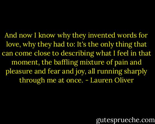 And now I know why they invented words for love, why they had to: It's the only thing that can come close to describing what I feel in that moment, the baffling mixture of pain and pleasure and fear and joy, all running sharply through me at once. - Lauren Oliver