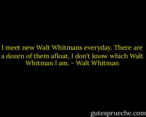 I meet new Walt Whitmans everyday. There are a dozen of them afloat. I don't know which Walt Whitman I am. - Walt Whitman