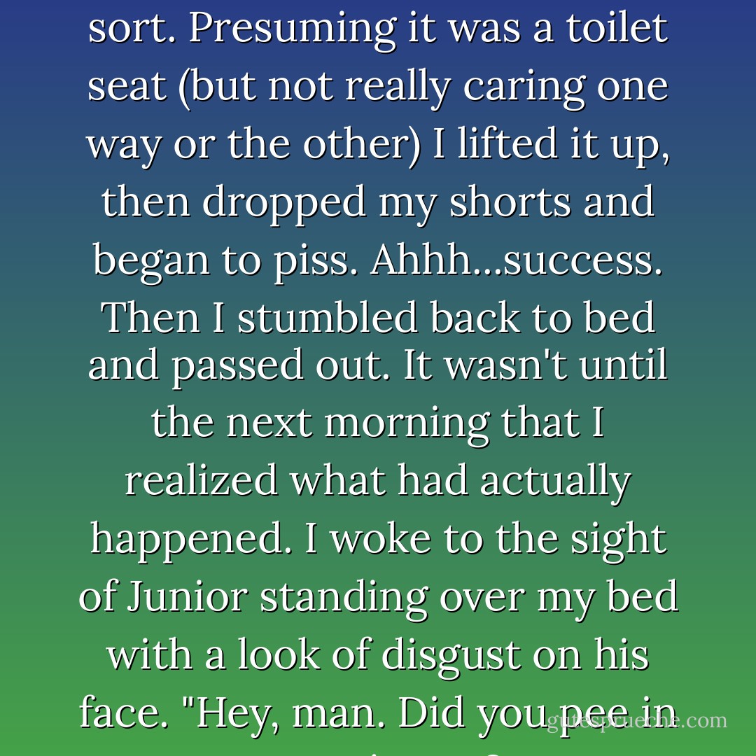 Finally, I found what seemed at the time to be a lid of some sort. Presuming it was a toilet seat (but not really caring one way or the other) I lifted it up, then dropped my shorts and began to piss. Ahhh...success. Then I stumbled back to bed and passed out. It wasn't until the next morning that I realized what had actually happened. I woke to the sight of Junior standing over my bed with a look of disgust on his face. "Hey, man. Did you pee in my suitcase? - Dave Mustaine