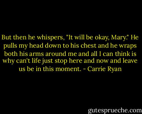 But then he whispers, "It will be okay, Mary." He pulls my head down to his chest and he wraps both his arms around me and all I can think is why can't life just stop here and now and leave us be in this moment. - Carrie Ryan