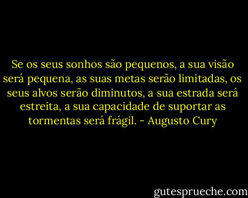 Se os seus sonhos são pequenos, a sua visão será pequena, as suas metas serão limitadas, os seus alvos serão diminutos, a sua estrada será estreita, a sua capacidade de suportar as tormentas será frágil. - Augusto Cury