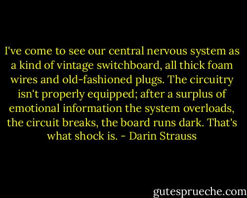 I've come to see our central nervous system as a kind of vintage switchboard, all thick foam wires and old-fashioned plugs. The circuitry isn't properly equipped; after a surplus of emotional information the system overloads, the circuit breaks, the board runs dark. That's what shock is. - Darin Strauss