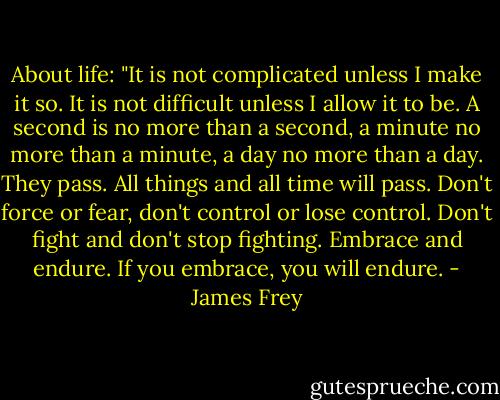 About life:<br />"It is not complicated unless I make it so. It is not difficult unless I allow it to be. A second is no more than a second, a minute no more than a minute, a day no more than a day. They pass. All things and all time will pass. Don't force or fear, don't control or lose control. Don't fight and don't stop fighting. Embrace and endure. If you embrace, you will endure. - James Frey