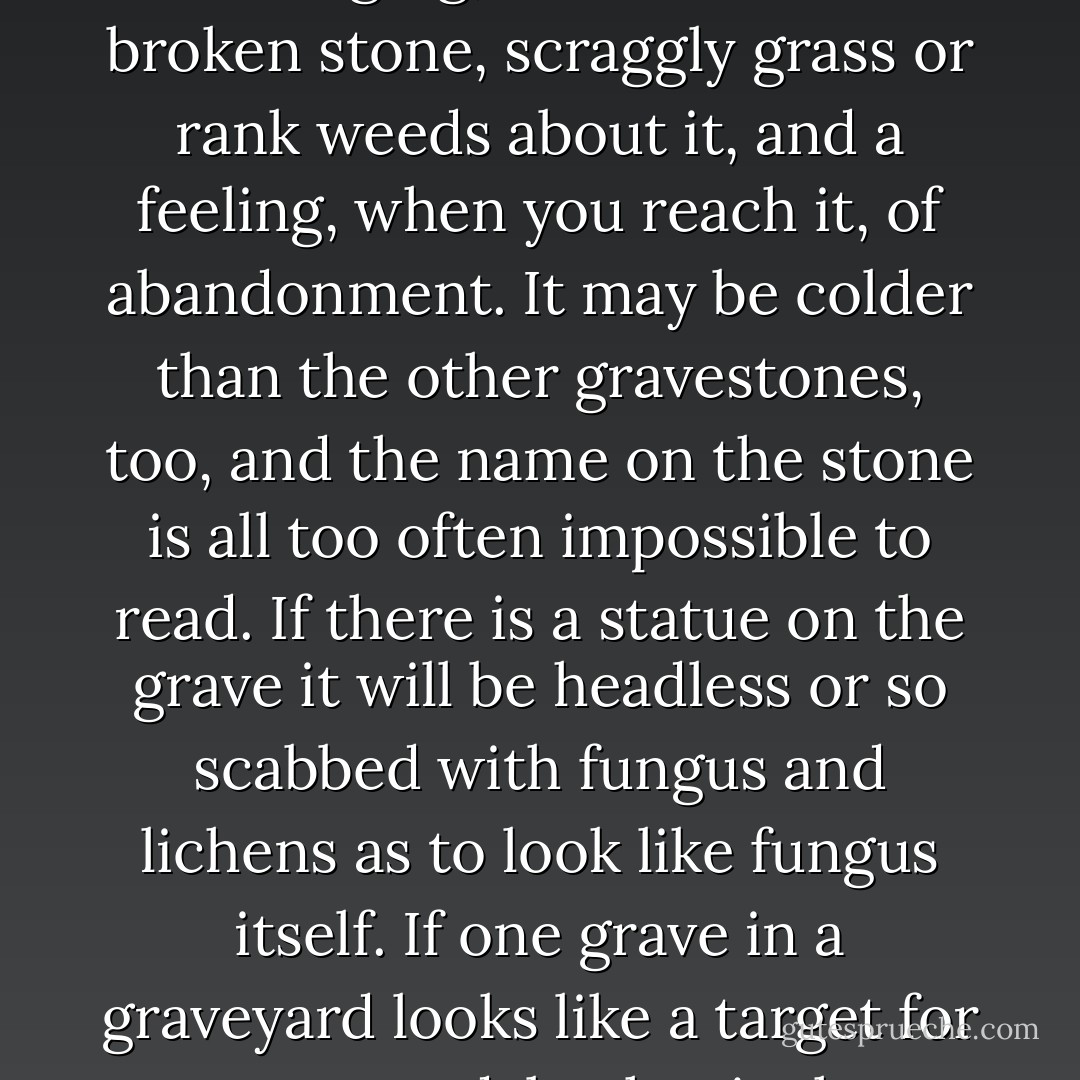 One grave in every graveyard belongs to the ghouls. Wander any graveyard long enough and you will find it - water stained and bulging, with cracked or broken stone, scraggly grass or rank weeds about it, and a feeling, when you reach it, of abandonment. It may be colder than the other gravestones, too, and the name on the stone is all too often impossible to read. If there is a statue on the grave it will be headless or so scabbed with fungus and lichens as to look like fungus itself. If one grave in a graveyard looks like a target for petty vandals, that is the ghoul-gate. If the grave wants to make you be somewhere else, that is the ghoul-gate. - Neil Gaiman