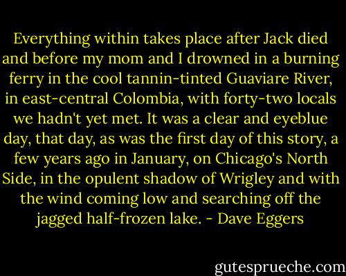 Everything within takes place after Jack died and before my mom and I drowned in a burning ferry in the cool tannin-tinted Guaviare River, in east-central Colombia, with forty-two locals we hadn't yet met. It was a clear and eyeblue day, that day, as was the first day of this story, a few years ago in January, on Chicago's North Side, in the opulent shadow of Wrigley and with the wind coming low and searching off the jagged half-frozen lake. - Dave Eggers