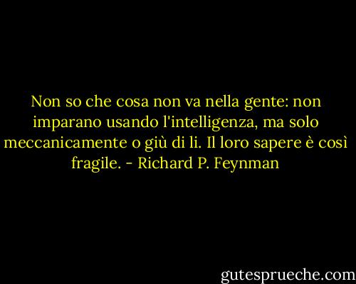 Non so che cosa non va nella gente: non imparano usando l'intelligenza, ma solo meccanicamente o giù di li. Il loro sapere è così fragile. - Richard P. Feynman