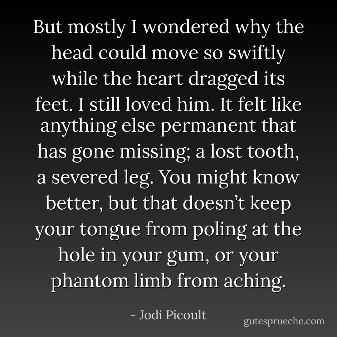 But mostly I wondered why the head could move so swiftly while the heart dragged its feet. I still loved him. It felt like anything else permanent that has gone missing; a lost tooth, a severed leg. You might know better, but that doesn’t keep your tongue from poling at the hole in your gum, or your phantom limb from aching. - Jodi Picoult