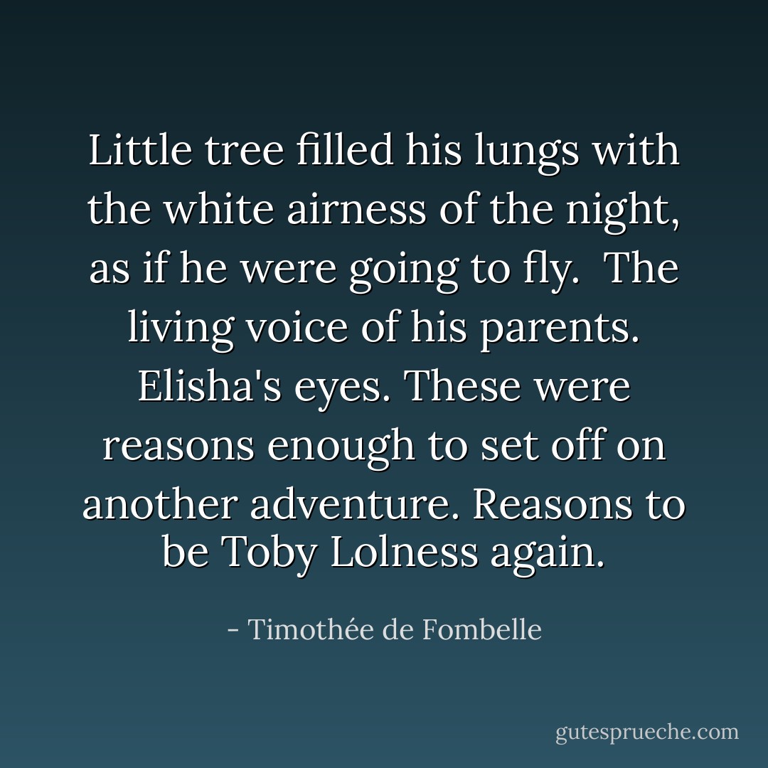 Little tree filled his lungs with the white airness of the night, as if he were going to fly. <br />The living voice of his parents. Elisha's eyes. These were reasons enough to set off on another adventure.<br />Reasons to be Toby Lolness again. - Timothée de Fombelle