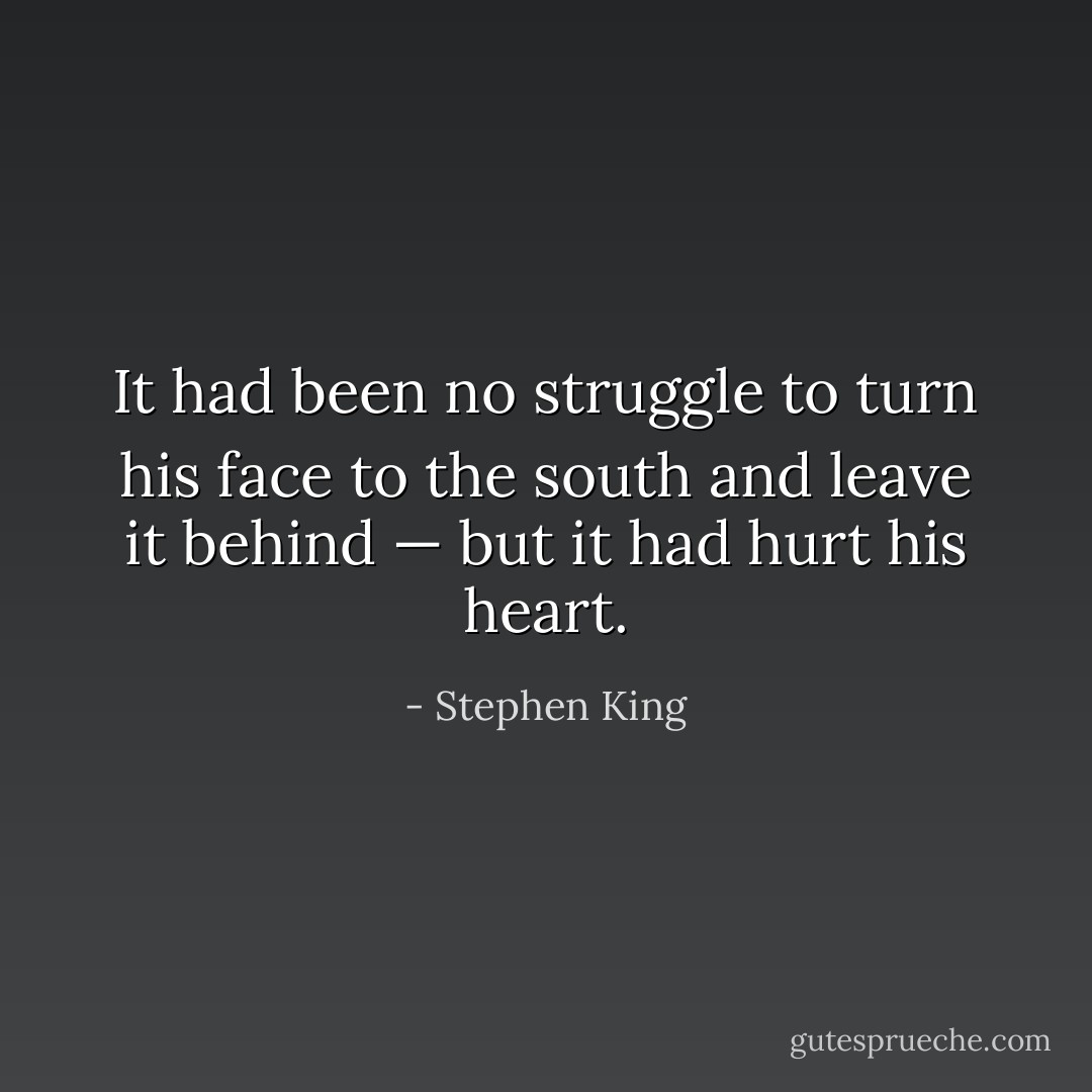 It had been no struggle to turn his face to the south and leave it behind — but it had hurt his heart. - Stephen King
