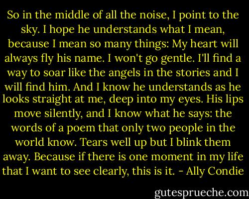 So in the middle of all the noise, I point to the sky. I hope he understands what I mean, because I mean so many things: My heart will always fly his name. I won't go gentle. I'll find a way to soar like the angels in the stories and I will find him. And I know he understands as he looks straight at me, deep into my eyes. His lips move silently, and I know what he says: the words of a poem that only two people in the world know. Tears well up but I blink them away. Because if there is one moment in my life that I want to see clearly, this is it. - Ally Condie