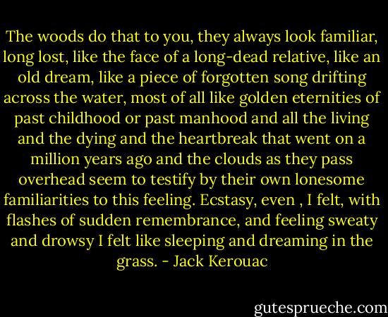 The woods do that to you, they always look familiar, long lost, like the face of a long-dead relative, like an old dream, like a piece of forgotten song drifting across the water, most of all like golden eternities of past childhood or past manhood and all the living and the dying and the heartbreak that went on a million years ago and the clouds as they pass overhead seem to testify by their own lonesome familiarities to this feeling. Ecstasy, even , I felt, with flashes of sudden remembrance, and feeling sweaty and drowsy I felt like sleeping and dreaming in the grass. - Jack Kerouac