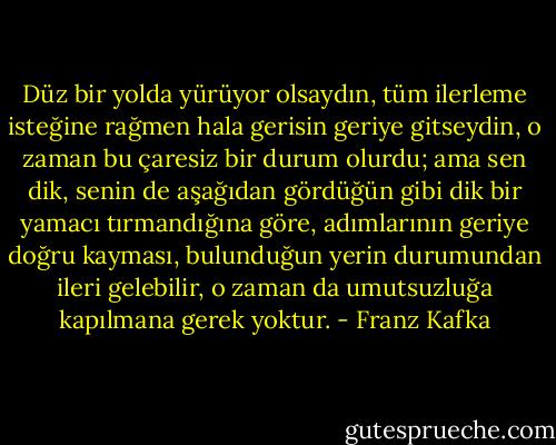 Düz bir yolda yürüyor olsaydın, tüm ilerleme isteğine rağmen hala gerisin geriye gitseydin, o zaman bu çaresiz bir durum olurdu; ama sen dik, senin de aşağıdan gördüğün gibi dik bir yamacı tırmandığına göre, adımlarının geriye doğru kayması, bulunduğun yerin durumundan ileri gelebilir, o zaman da umutsuzluğa kapılmana gerek yoktur. - Franz Kafka
