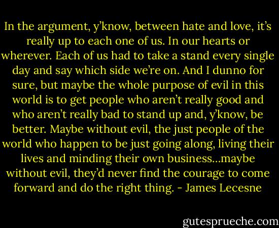 In the argument, y’know, between hate and love, it’s really up to each one of us. In our hearts or wherever. Each of us had to take a stand every single day and say which side we’re on. And I dunno for sure, but maybe the whole purpose of evil in this world is to get people who aren’t really good and who aren’t really bad to stand up and, y’know, be better. Maybe without evil, the just people of the world who happen to be just going along, living their lives and minding their own business…maybe without evil, they’d never find the courage to come forward and do the right thing. - James Lecesne
