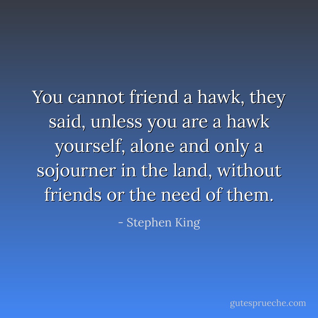 You cannot friend a hawk, they said, unless you are a hawk yourself, alone and only a sojourner in the land, without friends or the need of them. - Stephen King